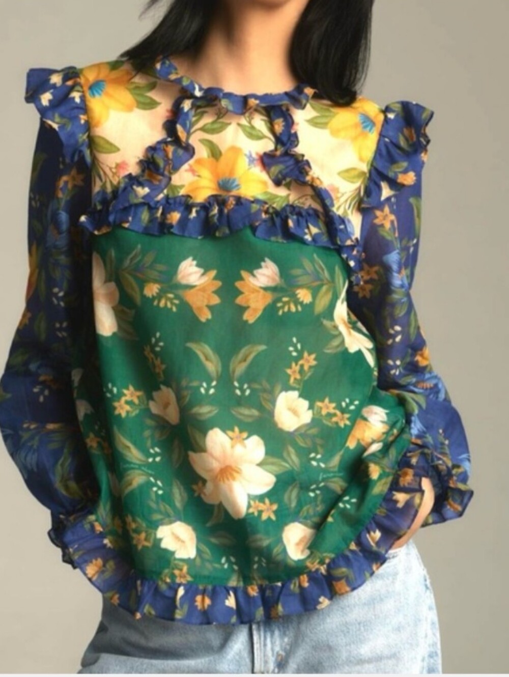 Farm Rio Anthropologie Green and Blue Floral Ruffled Sheer Blouse